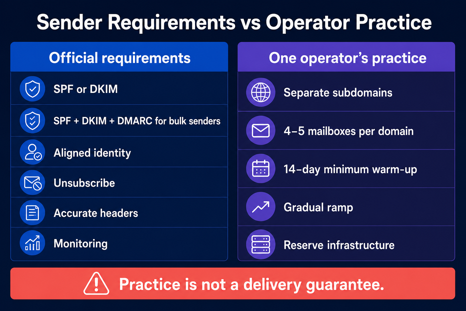 Official sender requirements compared with one operator's outreach infrastructure practice.