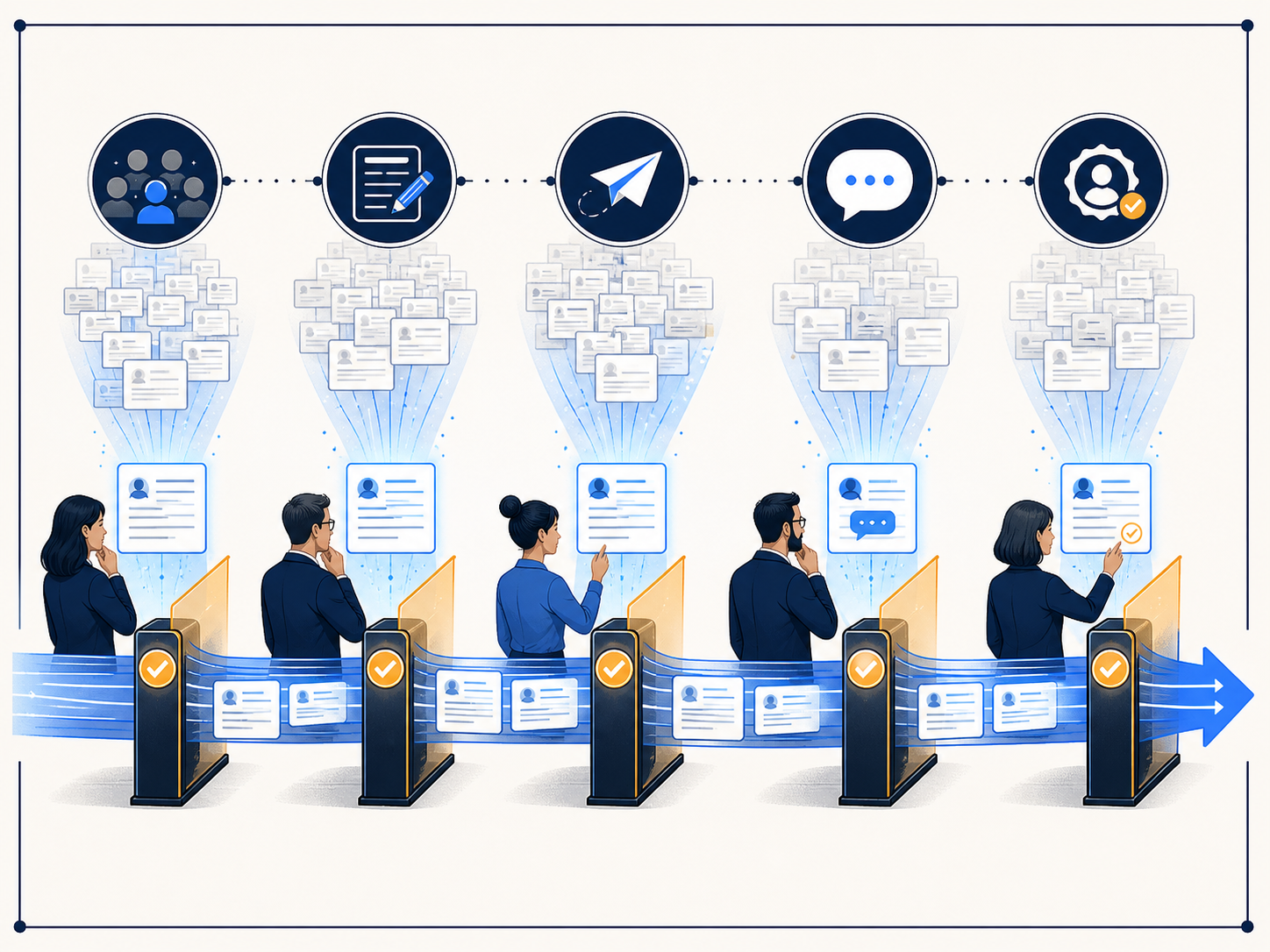 Human reviewers checking small samples at five stages before an AI-assisted sales workflow scales.