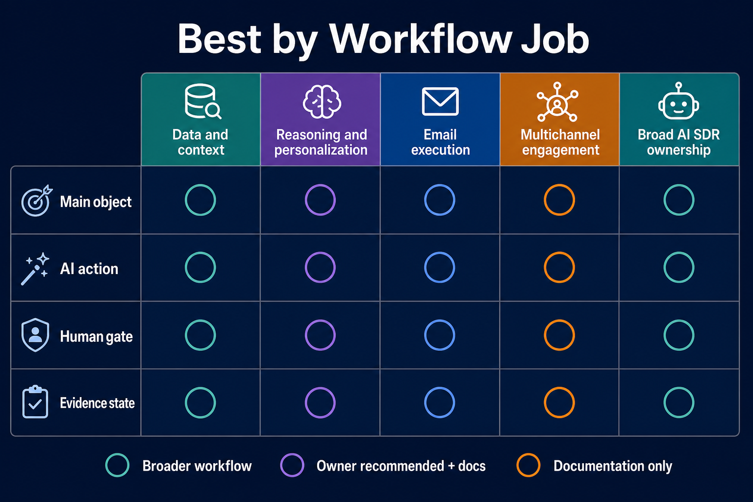 Vendor-neutral matrix of five AI outreach workflow-job categories.