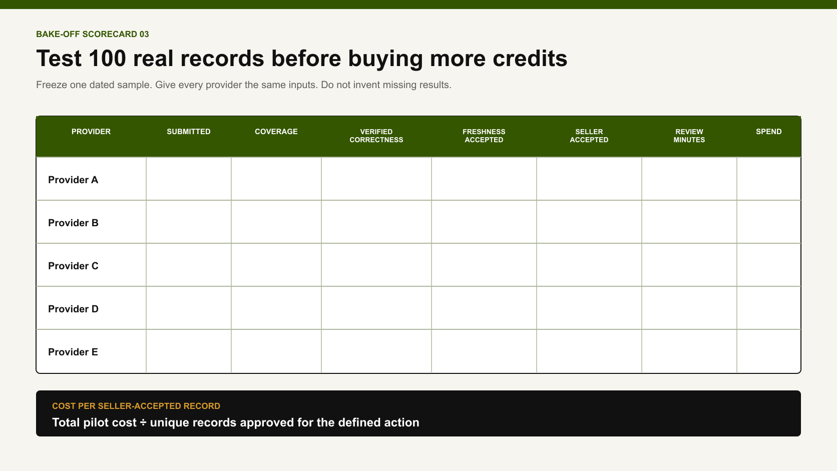 Blank 100-record data enrichment provider scorecard with coverage, correctness, freshness, seller acceptance, review time and spend fields.